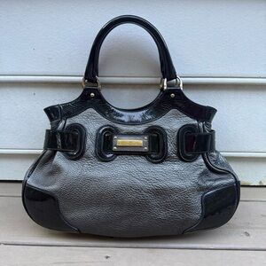 Barbara Bui black patent and silver pebbled leather purse bag